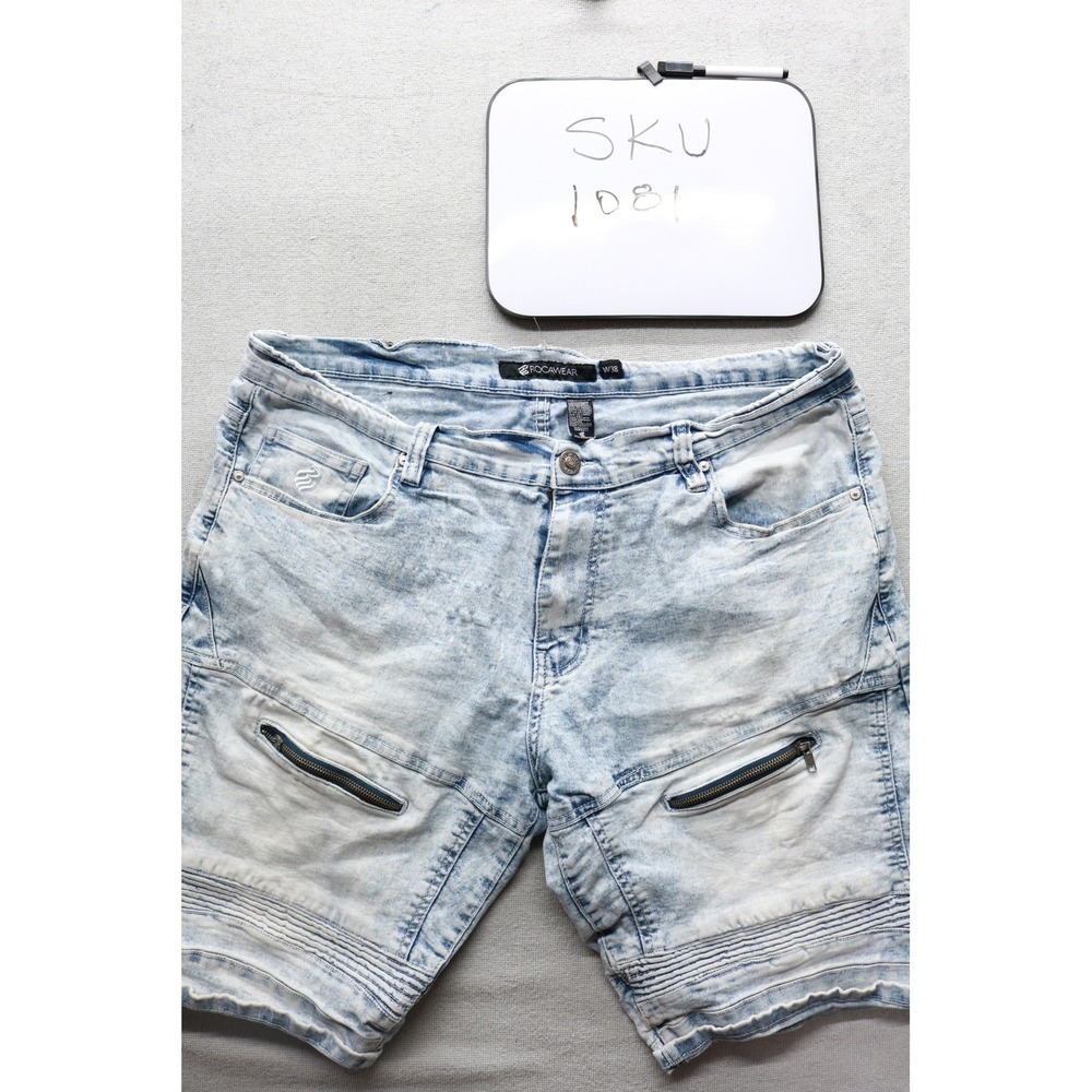Rocawear Denim Shorts Mens 38 Light Acid Wash Moto Biker Ribbed Zipper Casual